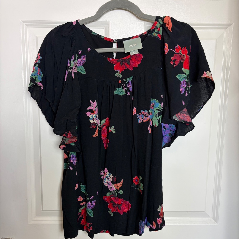 Maeve Anthropologie Floral Flutter Sleeve Blouse Black Red XS RN66170